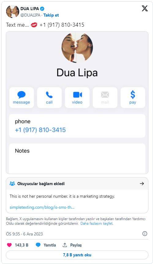 Dünyaca ünlü şarkıcı Dua Lipa telefon numarasını paylaştı: Hayranları saniyeler içinde hattını kitledi! 5