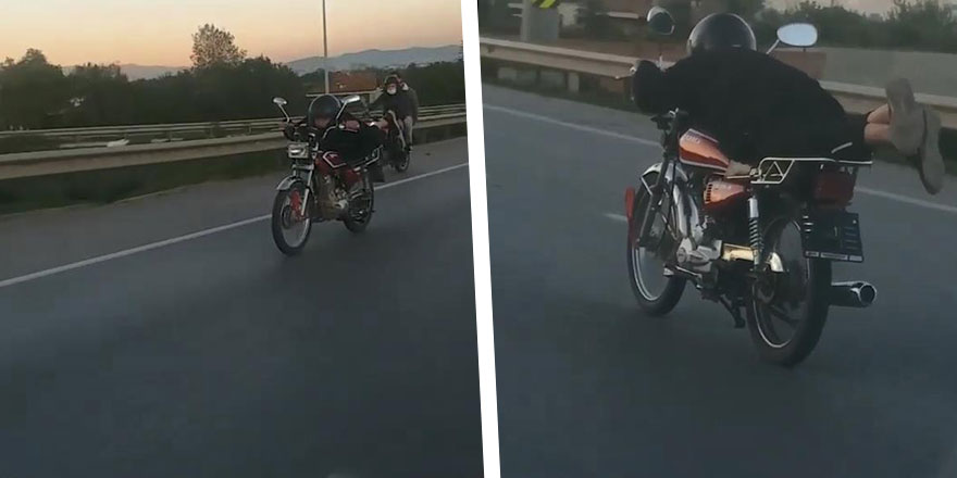 Canını hiçe saydı! Motosikleti yatarak kullandı