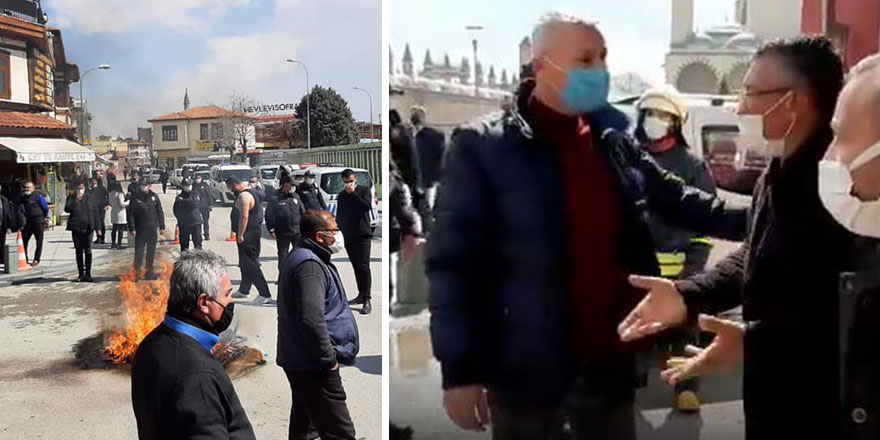 Konya'da dükkanları 4 aydır kapalı olan esnaf şehrin ortasında masa ve sandalyeleri yaktı