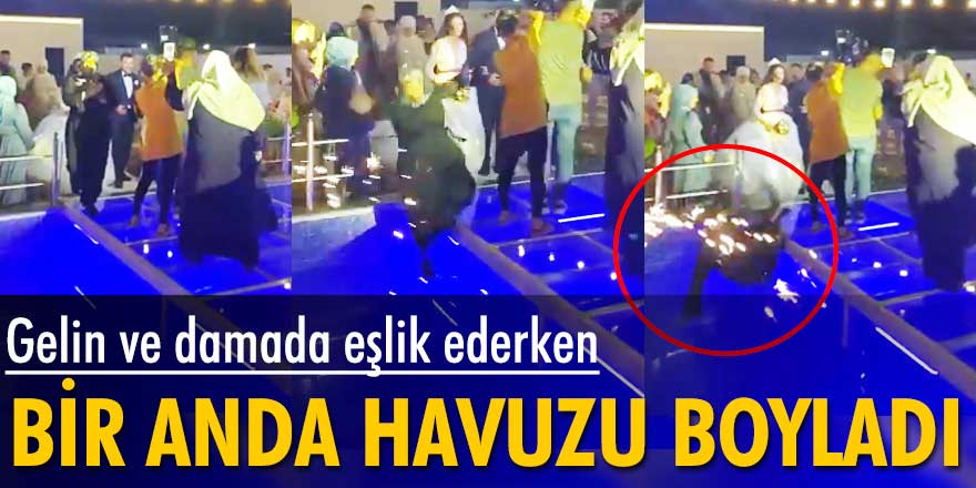 Gelin ve damada eşlik eden kadın bir anda havuzun içine düştü