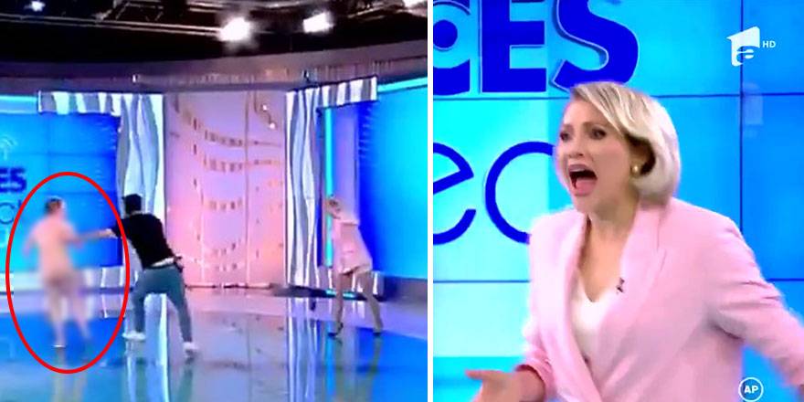 Romanya'da canlı yayında şok olay! Çıplak kadının saldırısına uğradı