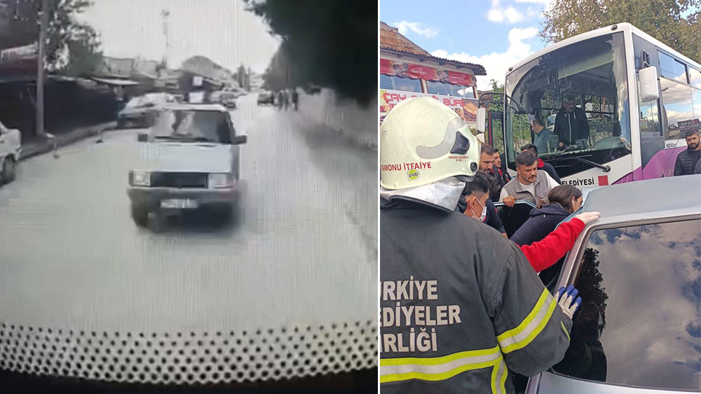 Halk otobüsü ile otomobilin kafa kafaya çarpıştı işte o anlar