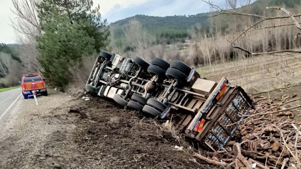 Odun yüklü kamyon devrildi: 1 yaralı