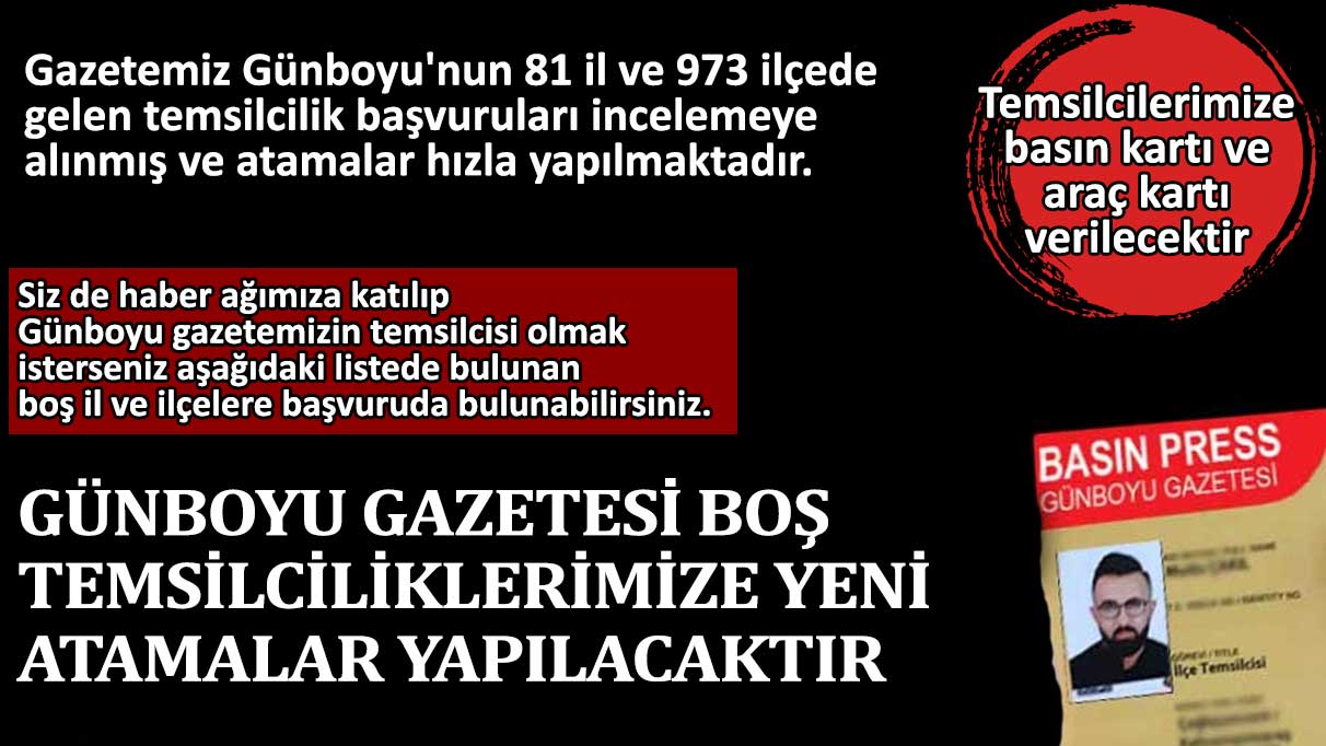 Günboyu Gazetesi boş olan temsilciliklerimize yeni atamalar yapılacaktır