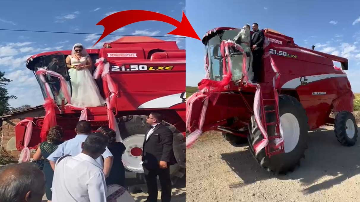 Görenler dönüp bir kez daha baktı: Biçerdöver, gelin arabası oldu