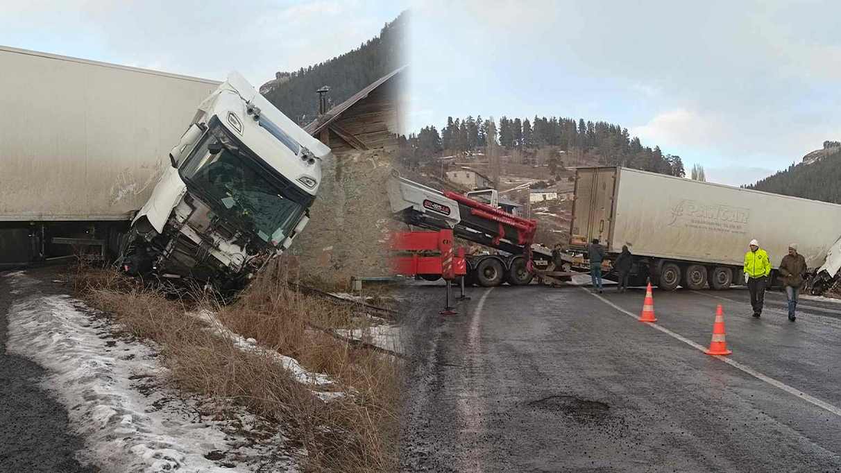 Buzlu yolda kayan tır eve çarptı