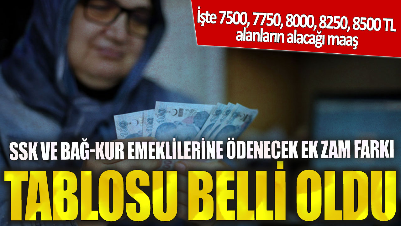 SSK ve Bağ-Kur emeklilerine ödenecek ek zam farkı tablosu belli oldu! İşte 7500, 7750, 8000, 8250, 8500 TL alanların alacağı maaş