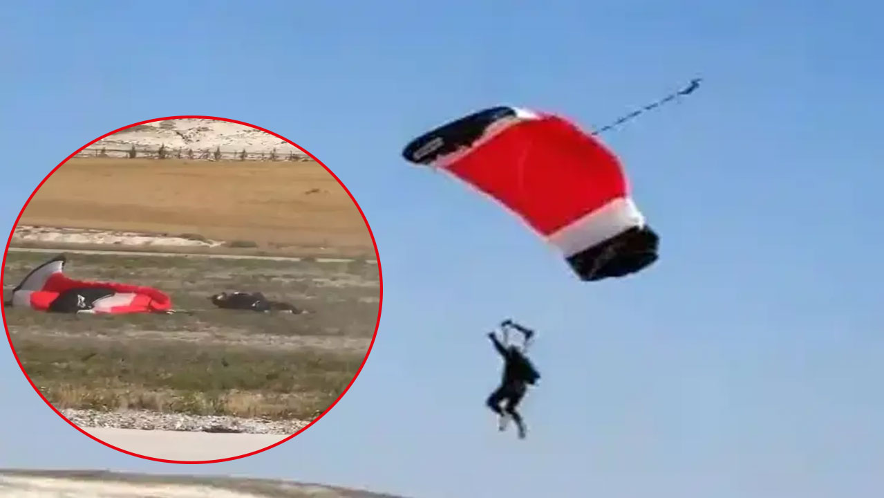 Eskişehir'de paraşütçü yere çakıldı. O anlar anbean görüntülendi