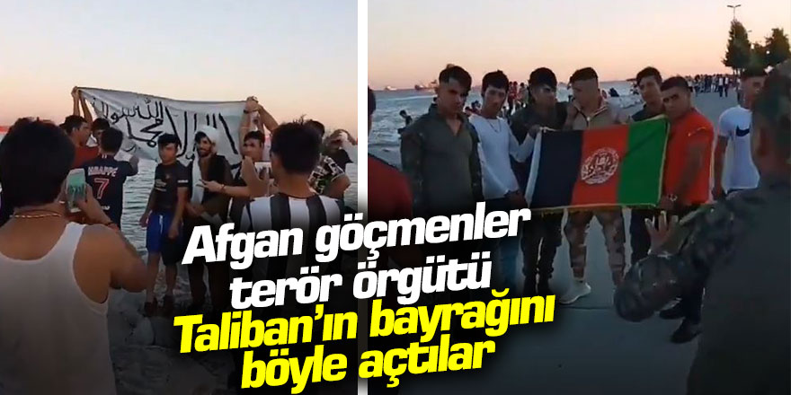 Kadıköy'de rezalet anları: Afgan göçmenler terör örgütü Taliban'ın bayrağını böyle açtılar