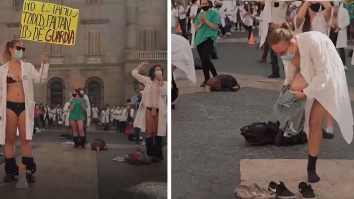 İspanya'da sağlıkçılardan çıplak protesto!