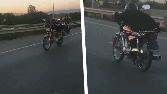 Canını hiçe saydı! Motosikleti yatarak kullandı