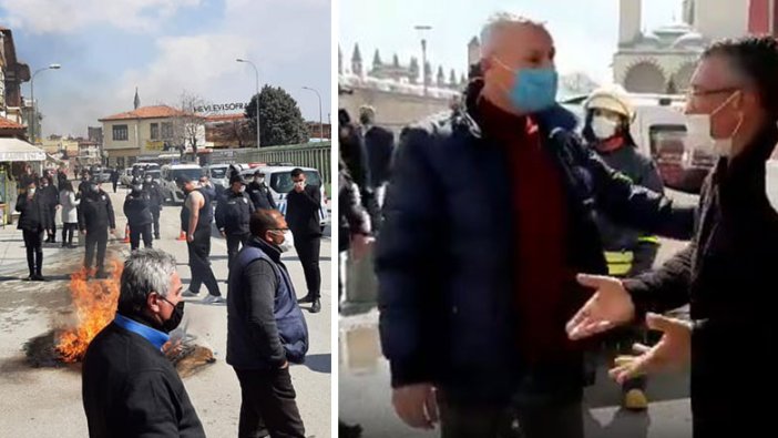 Konya'da dükkanları 4 aydır kapalı olan esnaf şehrin ortasında masa ve sandalyeleri yaktı