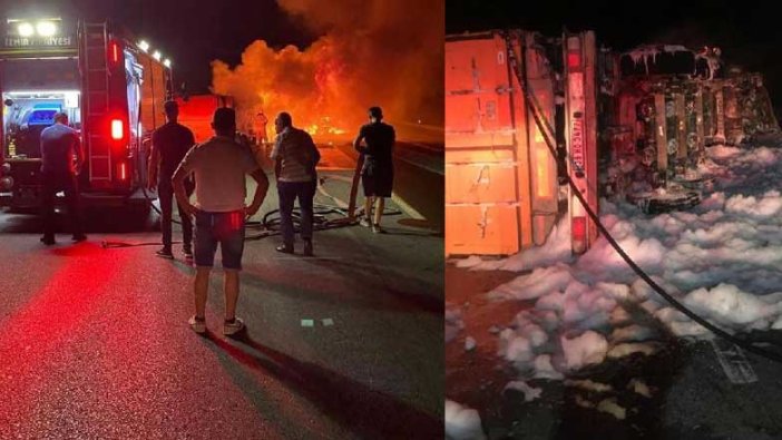 İzmir'de kazada devrilen tır alev aldı! Sürücüsü hayatını kaybetti