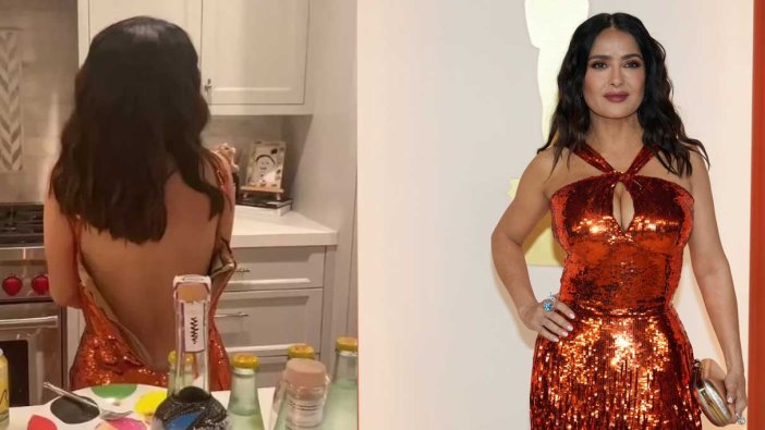 Salma Hayek Oscar gecesi evine koştu! Fermuarını sonuna kadar açtığı pozları sosyal medya hesabından paylaştı