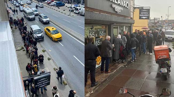 Ucuz baklava için uçsuz bucaksız kuyruk! Yağmurda şemsiyelerle saatlerce beklediler