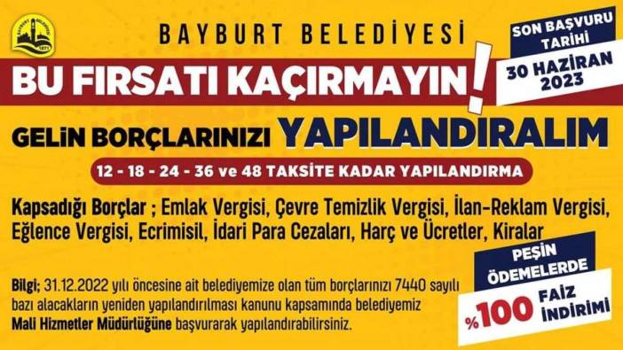 Bayburt Belediyesi'nden borç yapılandırma imkanı