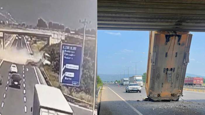 Bursa’da feci kaza: Damperi açık kalan kamyon üst geçide takıldı