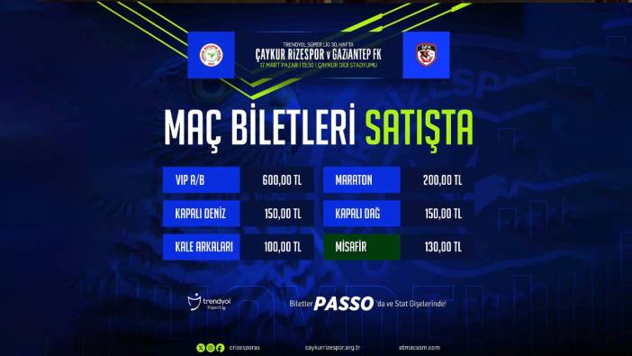 Çaykur Rizespor - Gaziantep FK maçının biletleri satışa çıktı