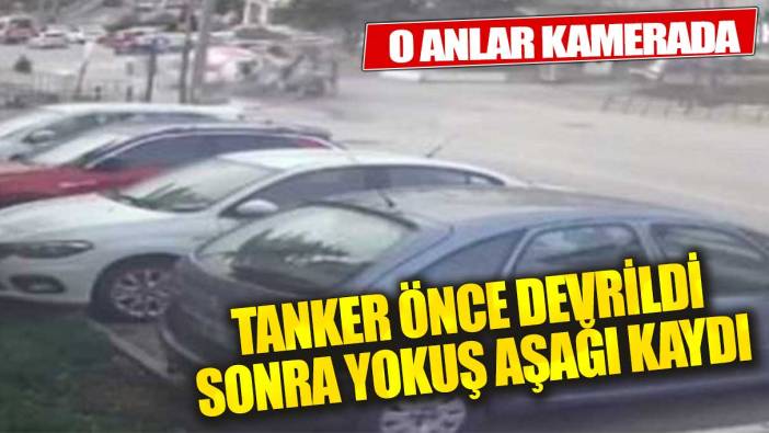 Çimento tankerinin devrilerek yokuş aşağı kaydığı anlar kamerada